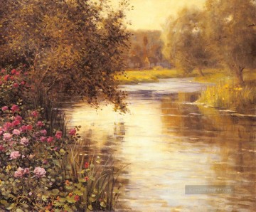  Aston Malerei - Frühlingsblüten entlang einem mäandernden Fluss Landschaft Louis Aston Knight